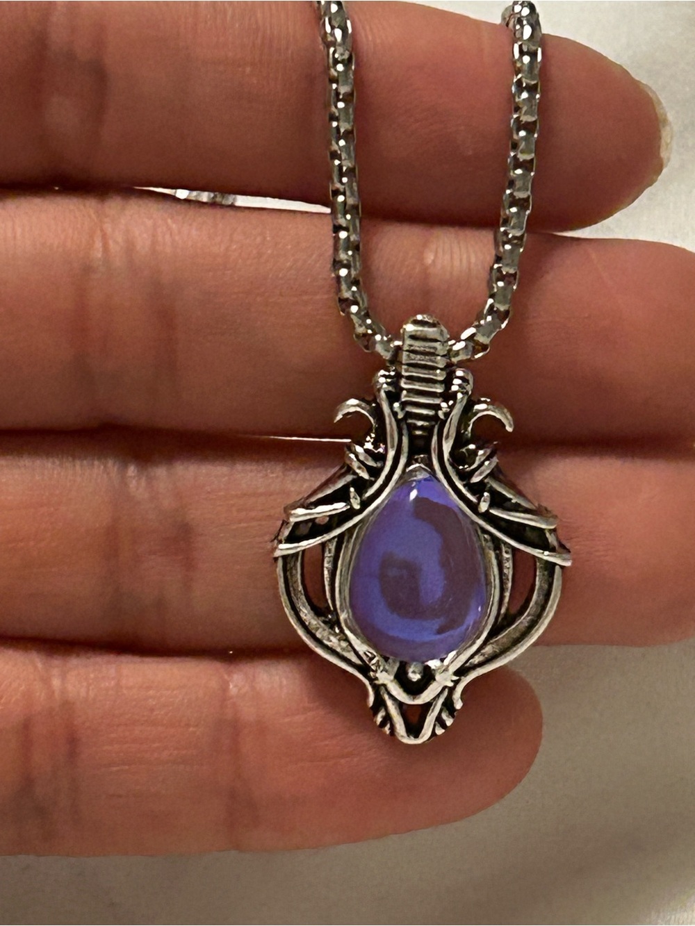 Sterling-Style Silver Pendant Necklace with Purple Teardrop Stone